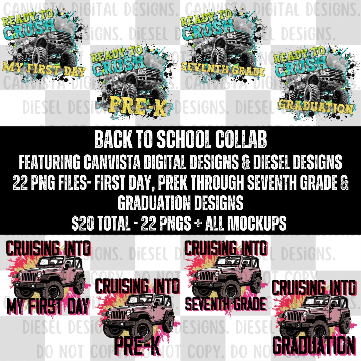 Back to School: Canvista & Diesel Designs | 300 DPI | PNG | Seamless | Tumbler Wraps | Collab | Digital File Only