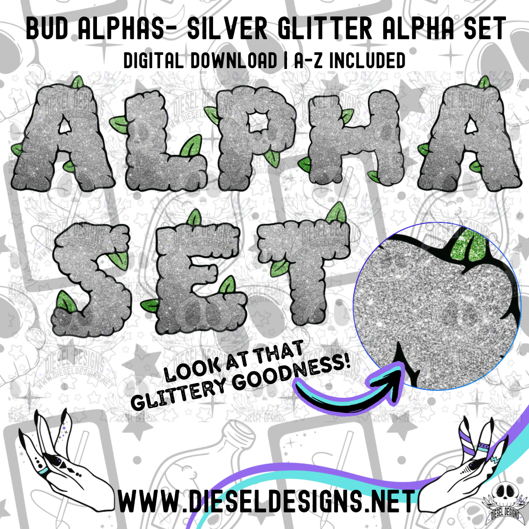 Bud Alpha Set- Silver Glitter | 300 DPI | Transparent PNG | Alpha Set | A-Z Included |