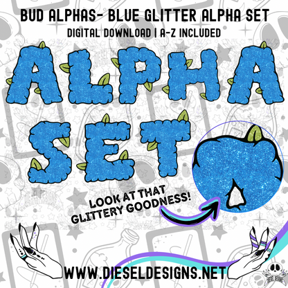 Bud Alpha Set- Blue Glitter | 300 DPI | Transparent PNG | Alpha Set | A-Z Included |