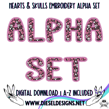 Hearts & Skulls Embroidery Alpha Set | 300 DPI | Transparent PNG | Alpha Set | A-Z Included |