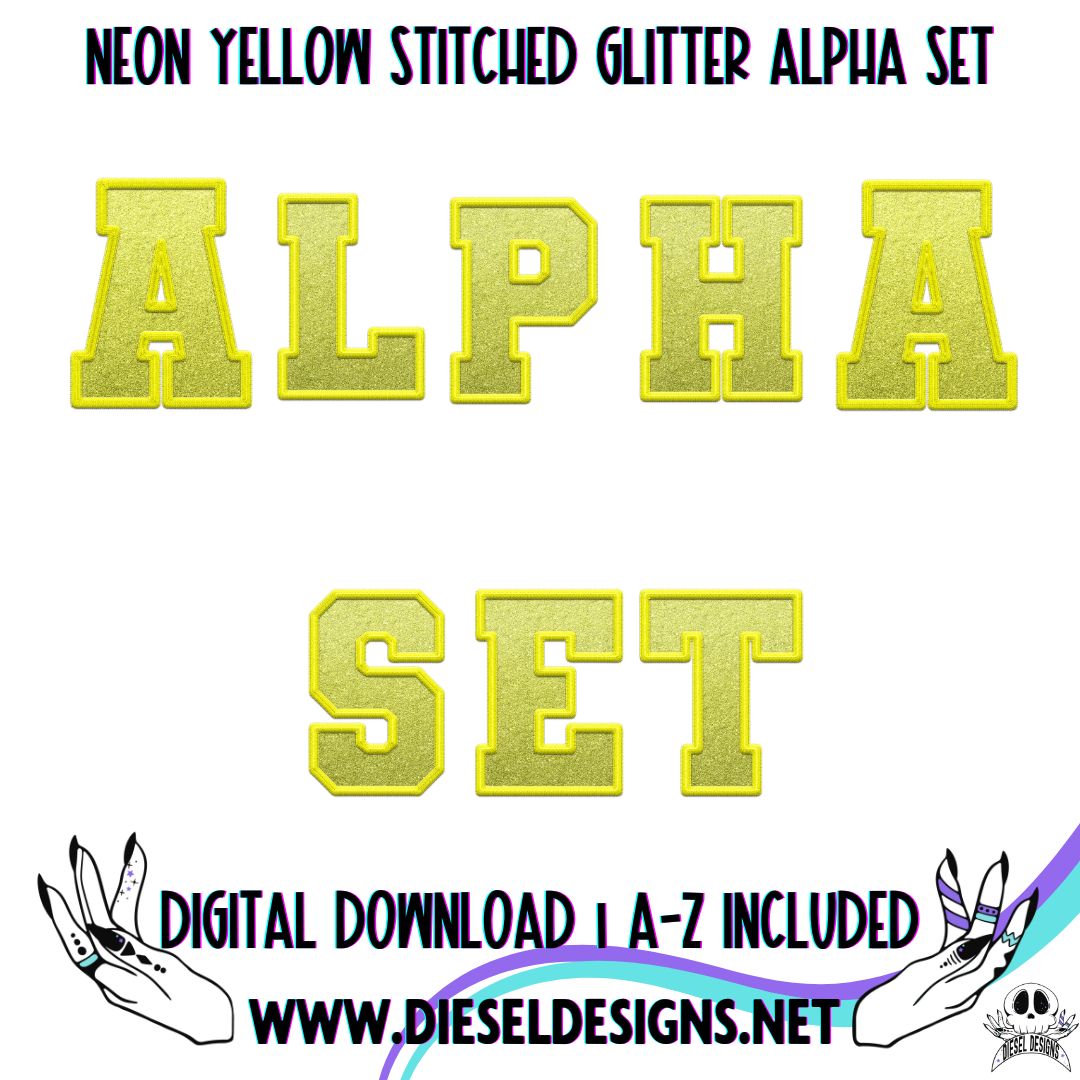 Neon Yellow Stitched Glitter Alpha Set | 300 DPI | Transparent PNG | Alpha Set | A-Z Included |