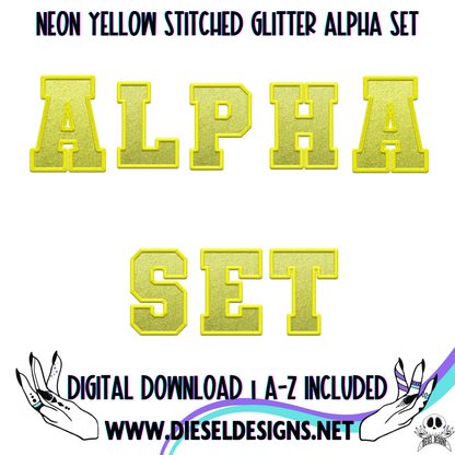 Neon Yellow Stitched Glitter Alpha Set | 300 DPI | Transparent PNG | Alpha Set | A-Z Included |