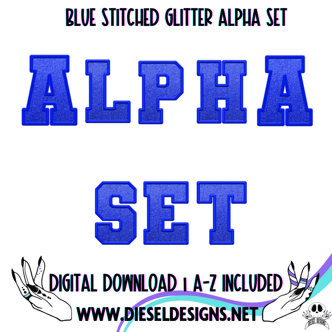 Neon Blue Stitched Glitter Alpha Set | 300 DPI | Transparent PNG | Alpha Set | A-Z Included |