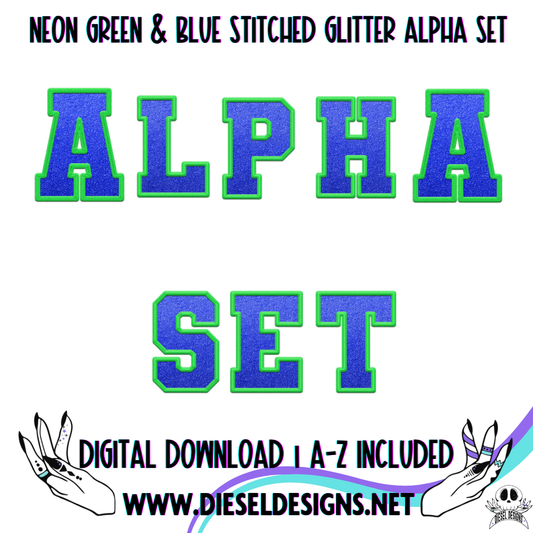 Neon Green & Blue Stitched Glitter Alpha Set | 300 DPI | Transparent PNG | Alpha Set | A-Z Included |