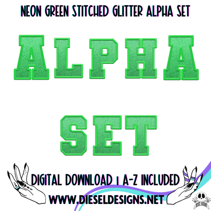 Neon Green Stitched Glitter Alpha Set | 300 DPI | Transparent PNG | Alpha Set | A-Z Included |