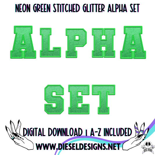 Neon Green Stitched Glitter Alpha Set | 300 DPI | Transparent PNG | Alpha Set | A-Z Included |