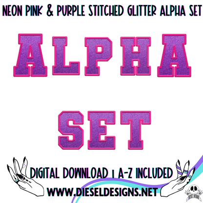 Neon Pink & Purple Stitched Glitter Alpha Set | 300 DPI | Transparent PNG | Alpha Set | A-Z Included |