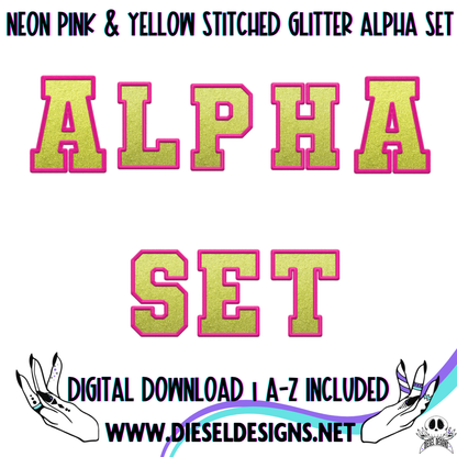 Neon Pink & Yellow Stitched Glitter Alpha Set | 300 DPI | Transparent PNG | Alpha Set | A-Z Included |