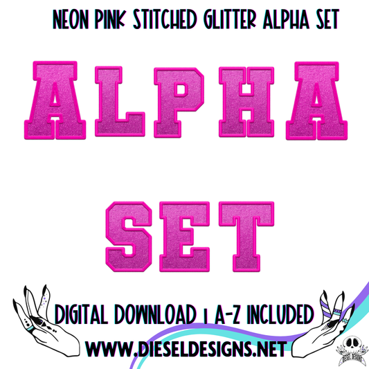 Neon Pink Stitched Glitter Alpha Set | 300 DPI | Transparent PNG | Alpha Set | A-Z Included |