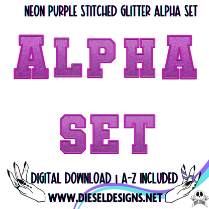 Neon Purple Stitched Glitter Alpha Set | 300 DPI | Transparent PNG | Alpha Set | A-Z Included |