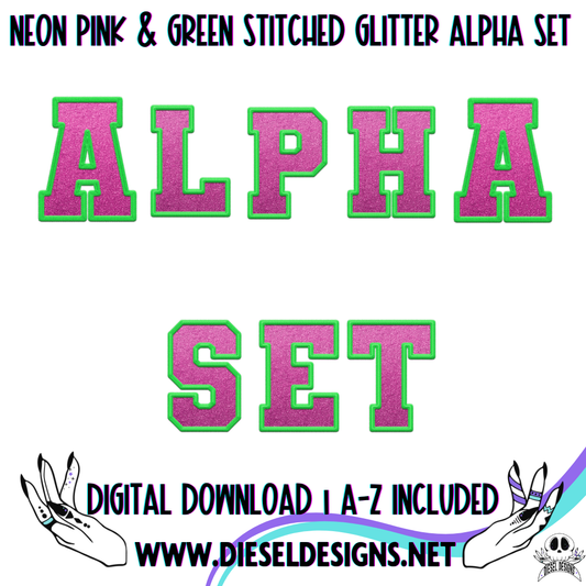 Neon Pink & Green Stitched Glitter Alpha Set | 300 DPI | Transparent PNG | Alpha Set | A-Z Included |