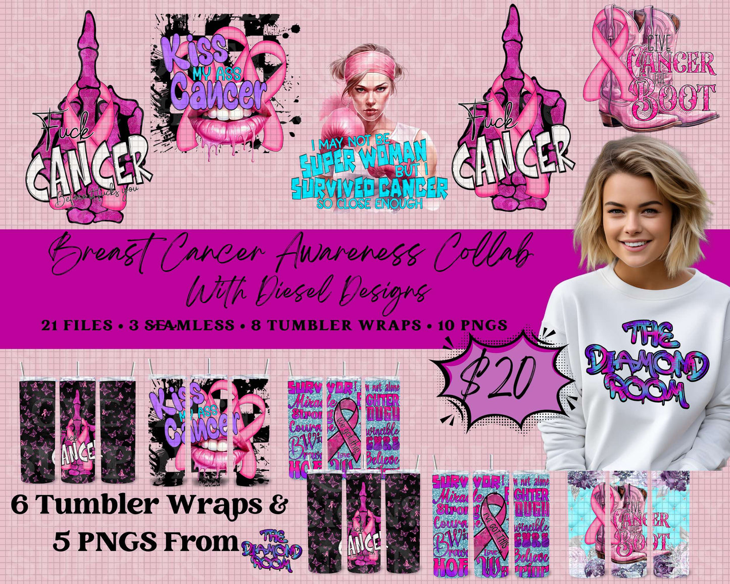 Designs for a Cure: Breast Cancer Awareness Collab | 300 DPI | PNG | Seamless | Tumbler Wraps | Collab | Digital File Only