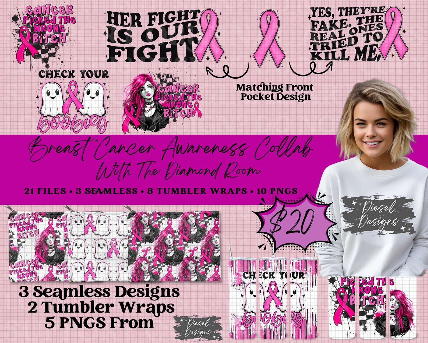 Designs for a Cure: Breast Cancer Awareness Collab | 300 DPI | PNG | Seamless | Tumbler Wraps | Collab | Digital File Only