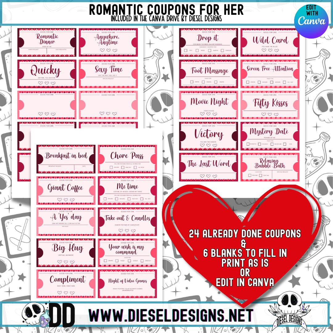 Romantic Coupons For Her| His/Her Coupons | Couple Coupons | Editable in Canva