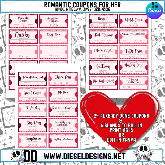 Romantic Coupons For Her| His/Her Coupons | Couple Coupons | Editable in Canva