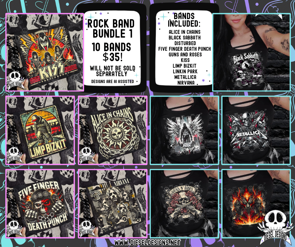 Rock Band Digital Design Bundle 1 | 10 High-Resolution PNGs for Sublimation, DTF, Screen Printing & Merch