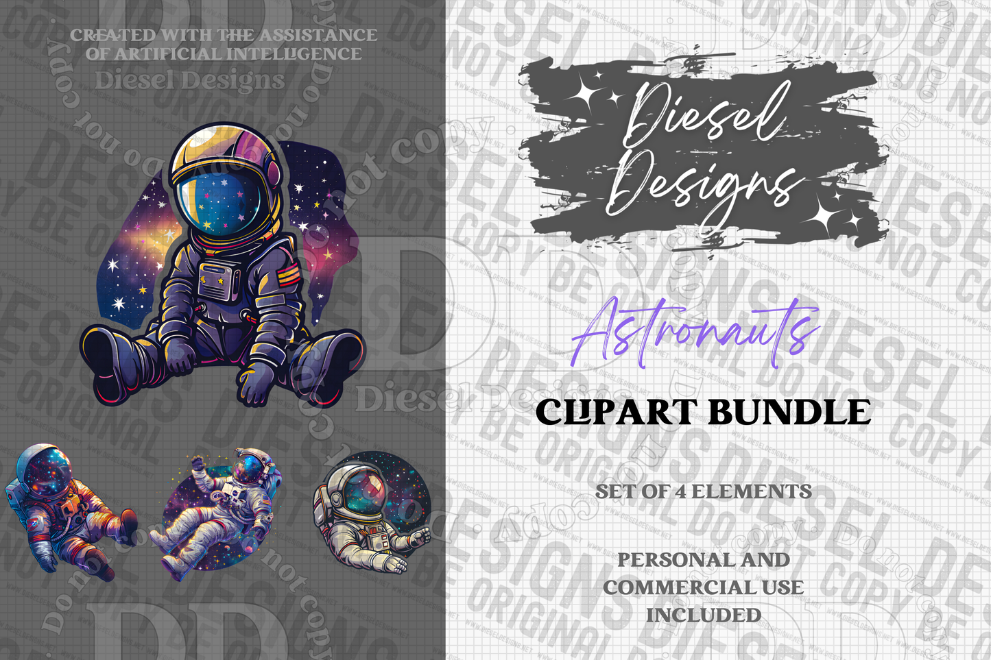 Astronauts AI assisted Clipart Bundle | 300 DPI | Transparent PNG | Clipart | Bundle