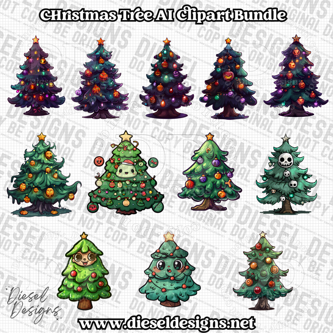 Christmas Tree AI assisted Clipart Bundle | 300 DPI | Transparent PNG | Clipart | Bundle