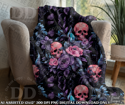 Checkered Fall Skulls Seamless Design | Seamless File | 300 DPI | 12" x 12" | Digital File only