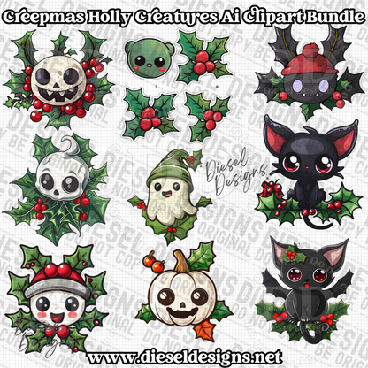 Creepy Holly Creatures AI assisted Clipart Bundle | 300 DPI | Transparent PNG | Clipart | Bundle