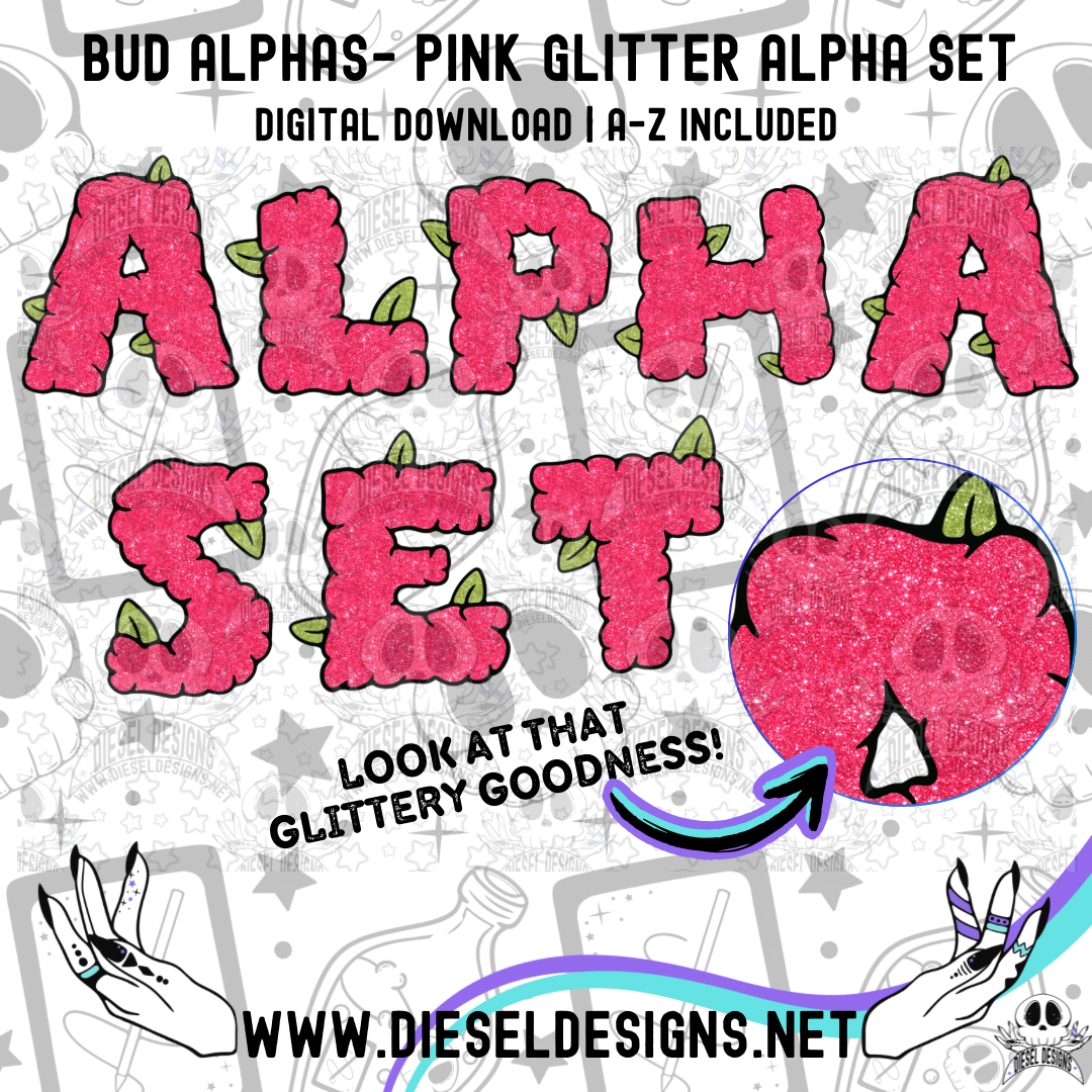 Bud Alpha Set- Pink Glitter | 300 DPI | Transparent PNG | Alpha Set | A-Z Included |