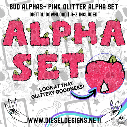 Bud Alpha Set- Pink Glitter | 300 DPI | Transparent PNG | Alpha Set | A-Z Included |