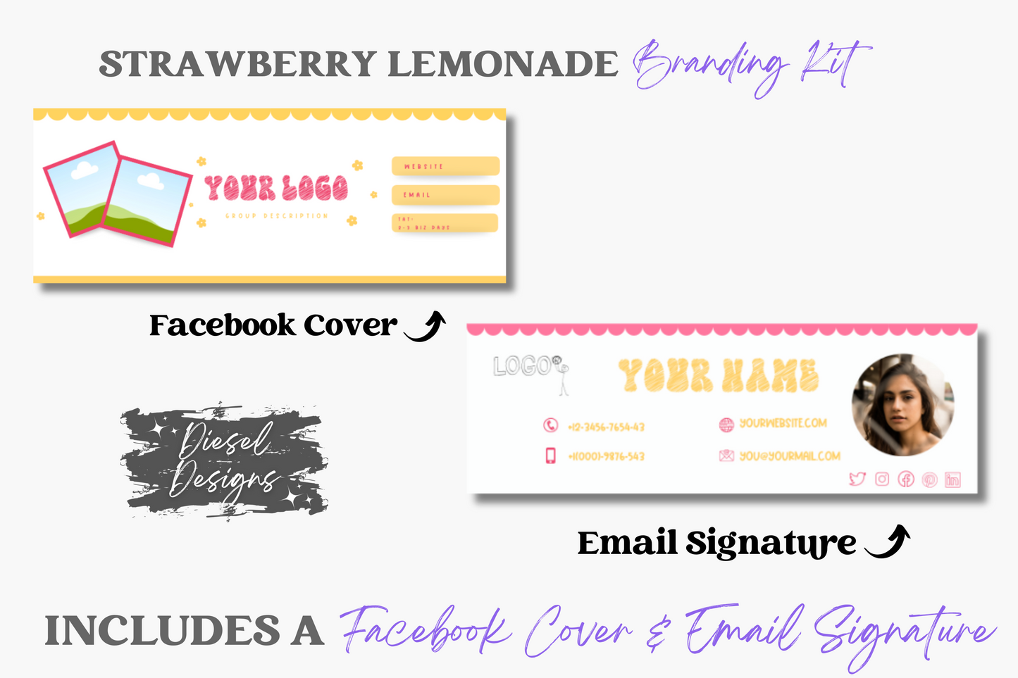 Strawberry Lemonade Branding Kit | Website Kit | Business Card | Logo | Facebook Cover | Editable in Canva