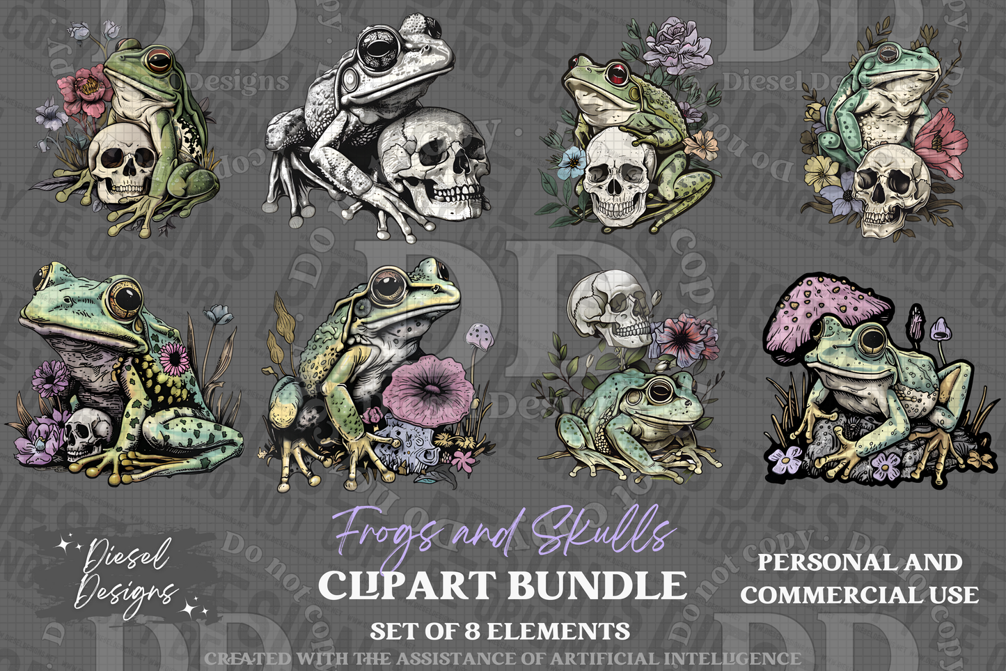 Frogs and Skulls AI assisted Clipart Bundle | 300 DPI | Transparent PNG | Clipart | Bundle
