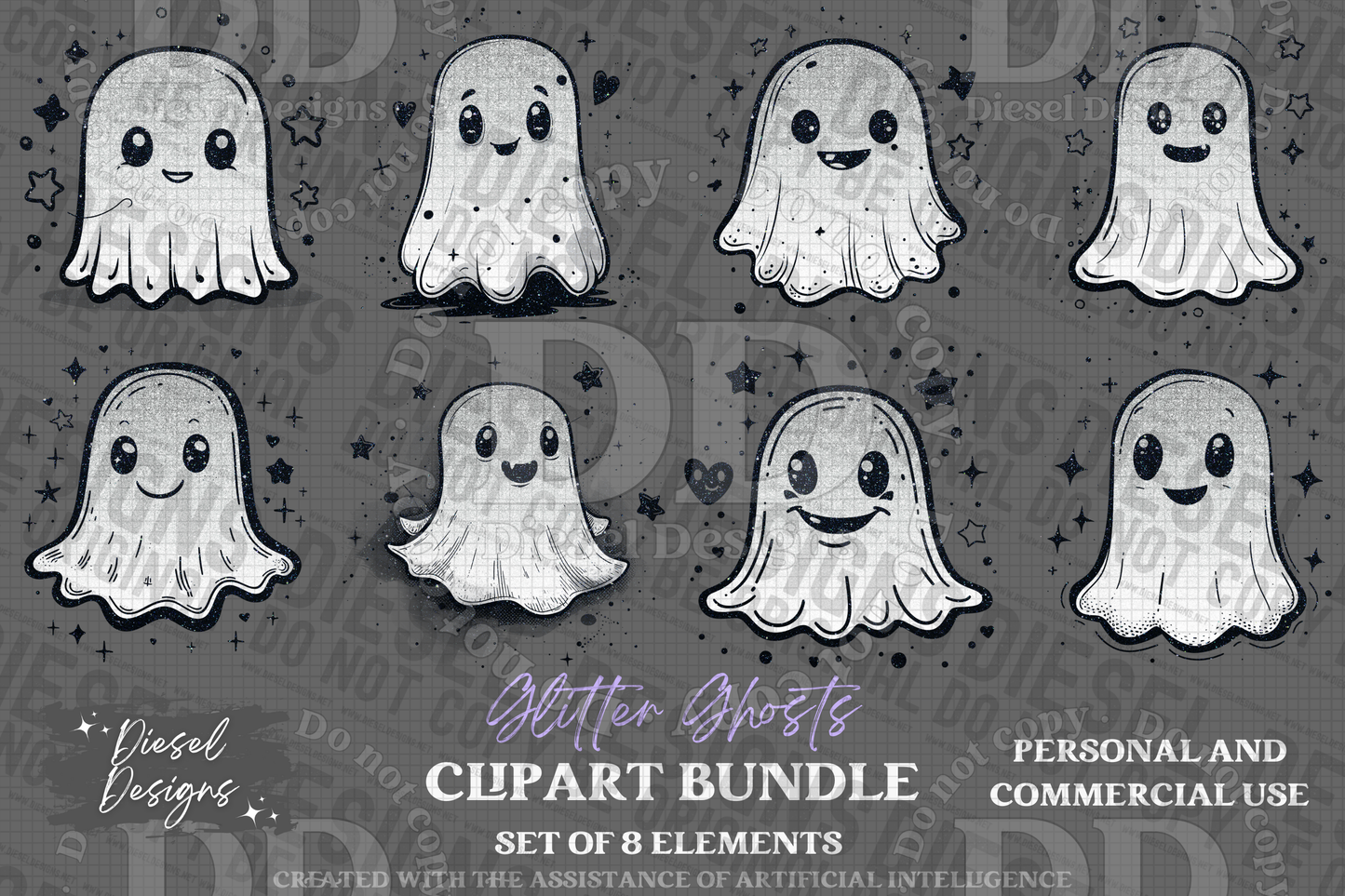 Glitter Ghosts AI assisted Clipart Bundle | 300 DPI | Transparent PNG | Clipart | Bundle