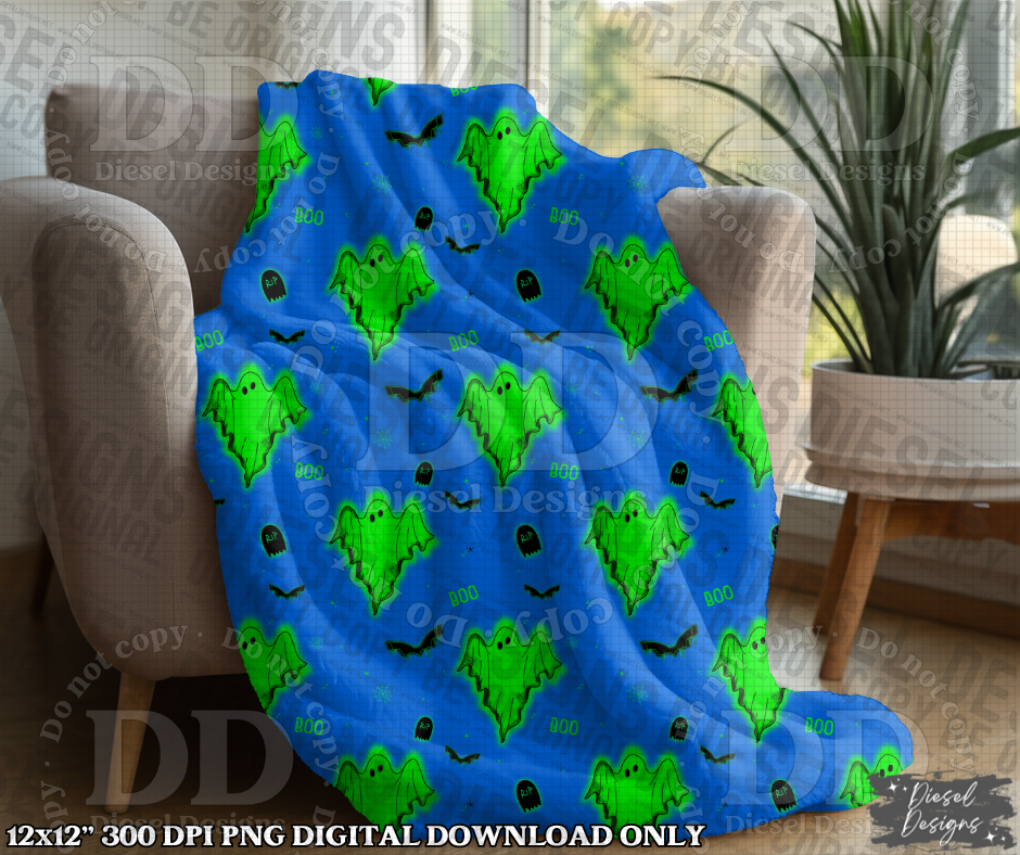 Blue & Green Glowing Ghost Seamless Design | 300 DPI | Seamless 12"x12" | 2 sizes Included