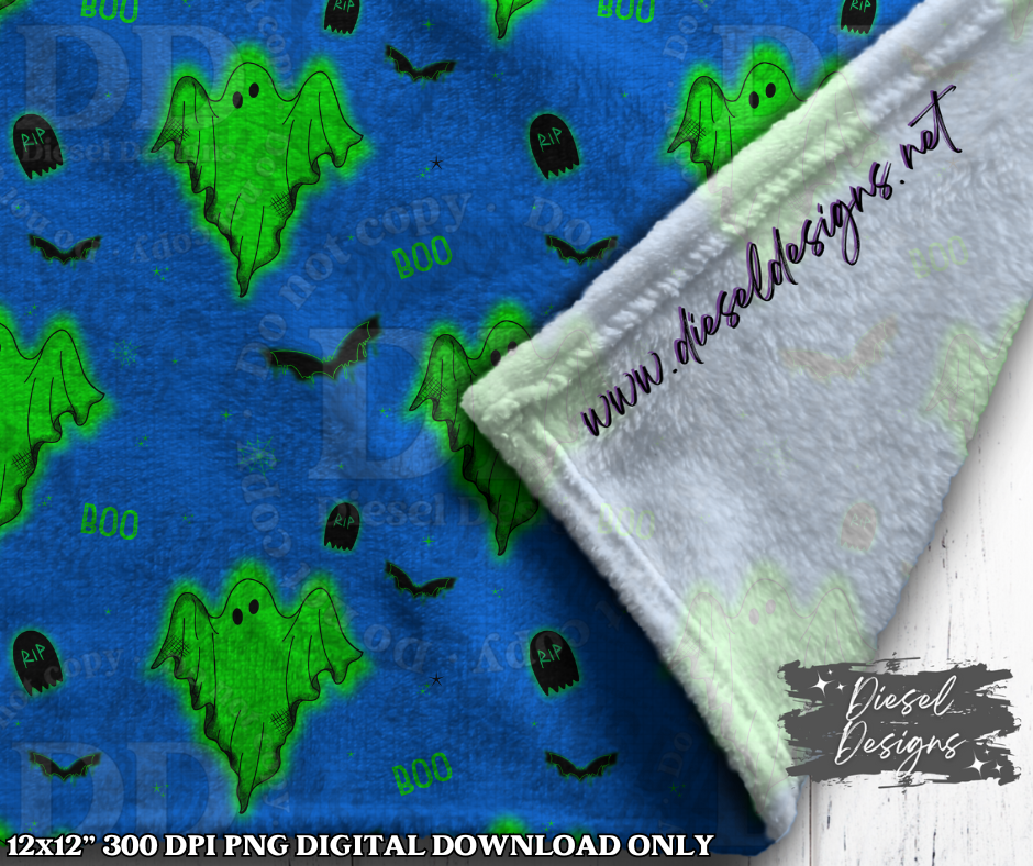 Blue & Green Glowing Ghost Seamless Design | 300 DPI | Seamless 12"x12" | 2 sizes Included