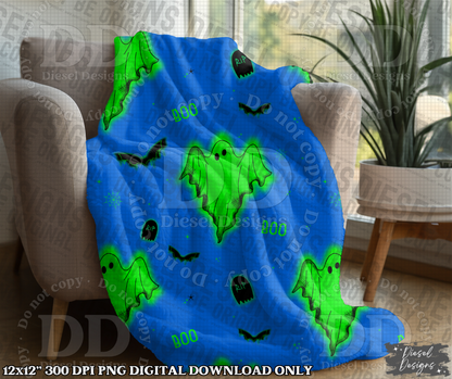 Blue & Green Glowing Ghost Seamless Design | 300 DPI | Seamless 12"x12" | 2 sizes Included