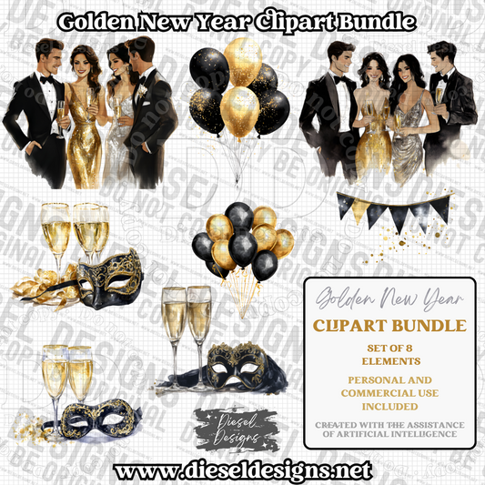 Golden New Year Clipart & Elements Bundle | 300 DPI | Transparent PNG | Clipart & Elements |