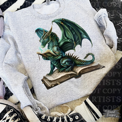 Green Dragon Reading PNG  | 300 DPI | Transparent PNG | Digital File Only