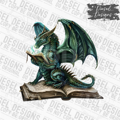 Green Dragon Reading PNG  | 300 DPI | Transparent PNG | Digital File Only