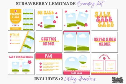 Strawberry Lemonade Branding Kit | Website Kit | Business Card | Logo | Facebook Cover | Editable in Canva