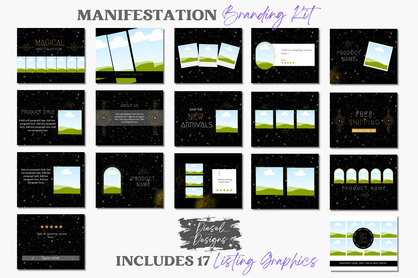 Manifestation Business Branding Kit | Website Kit | Business Card | Logo | Facebook Cover | Editable in Canva