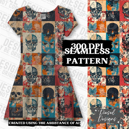 Skull Patchwork Seamless | Seamless File | 300 DPI | 12" x 12" | Digital File only