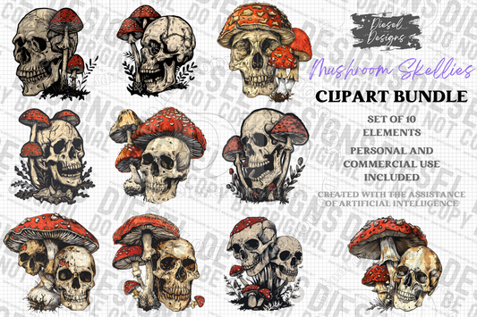 Mushroom Skellies AI assisted Clipart Bundle | 300 DPI | Transparent PNG | Clipart | Bundle