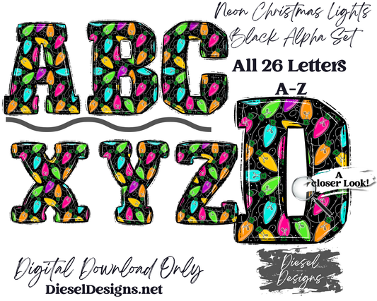 Neon Christmas Lights Black Version Alpha Set | 300 DPI | Transparent PNG | Alpha Set | A-Z Included |