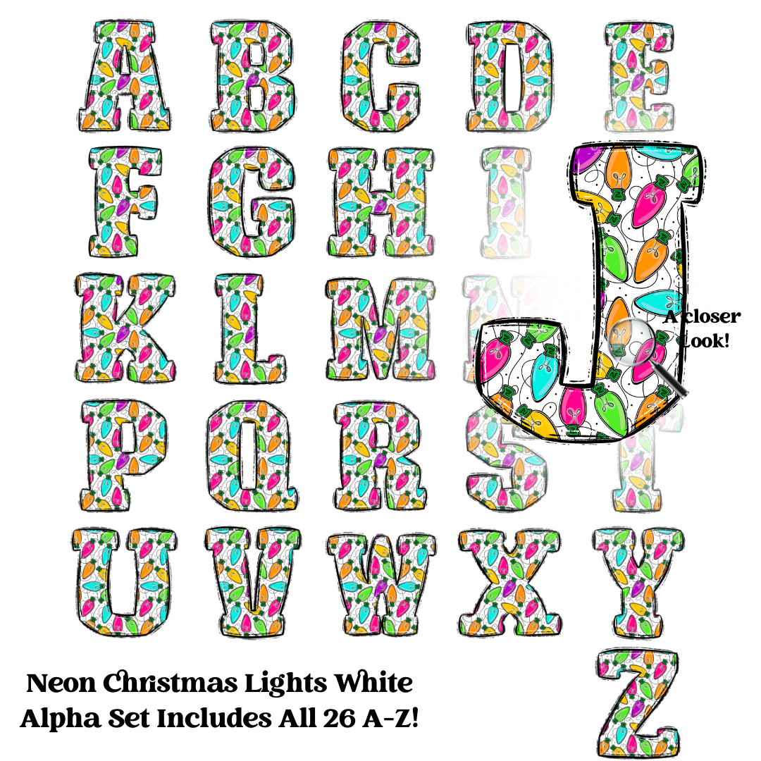 Neon Christmas Lights White Version Alpha Set | 300 DPI | Transparent PNG | Alpha Set | A-Z Included |