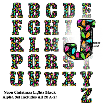 Neon Christmas Lights Black Version Alpha Set | 300 DPI | Transparent PNG | Alpha Set | A-Z Included |