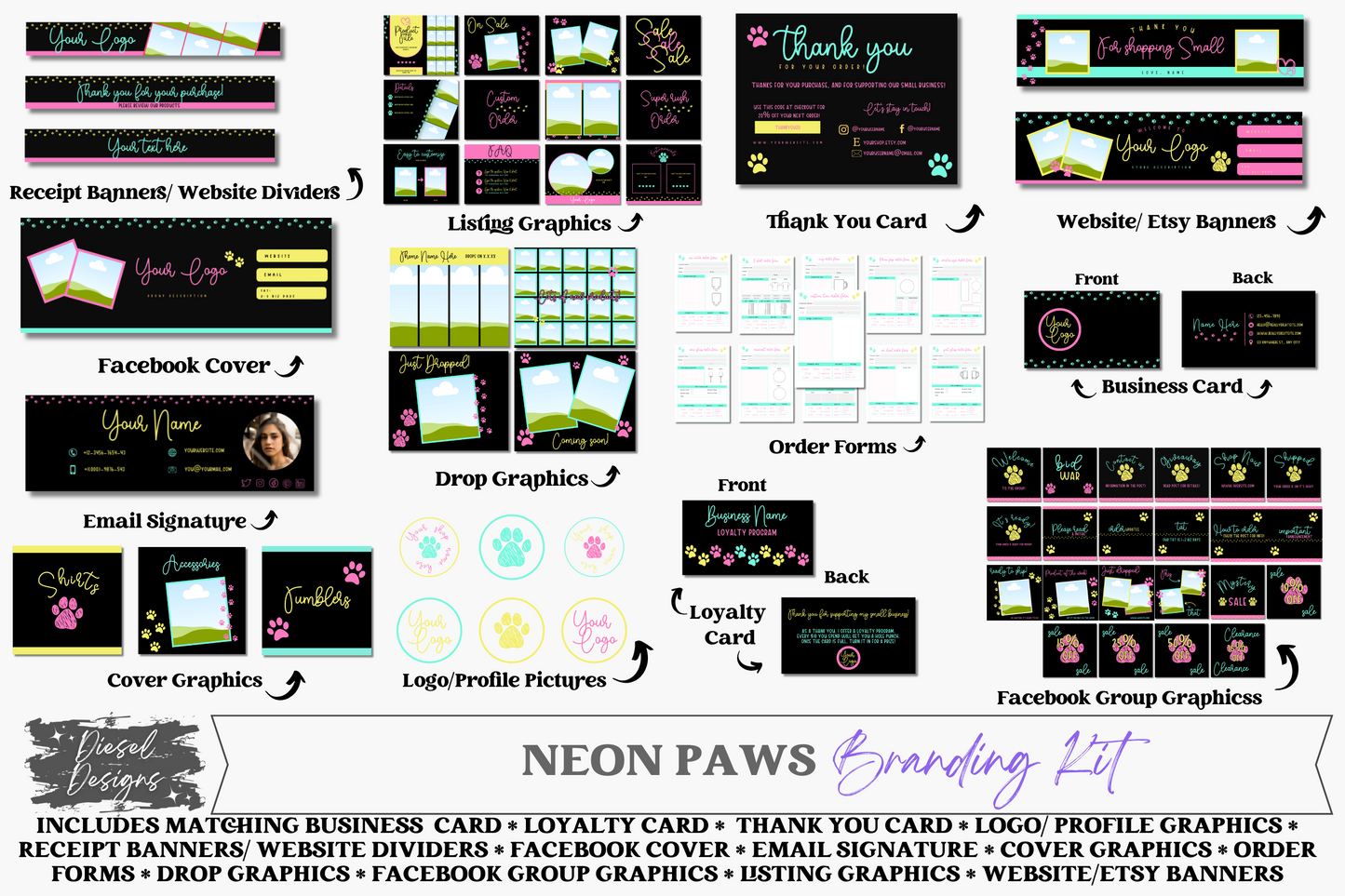 Neon Paws Branding Kit | Website Kit | Business Card | Logo | Facebook Cover | Editable in Canva