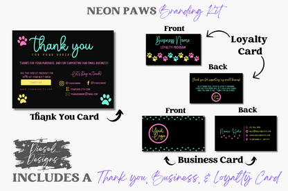 Neon Paws Branding Kit | Website Kit | Business Card | Logo | Facebook Cover | Editable in Canva