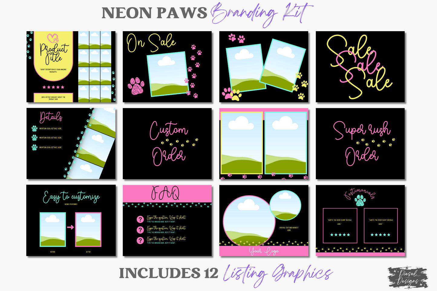 Neon Paws Branding Kit | Website Kit | Business Card | Logo | Facebook Cover | Editable in Canva