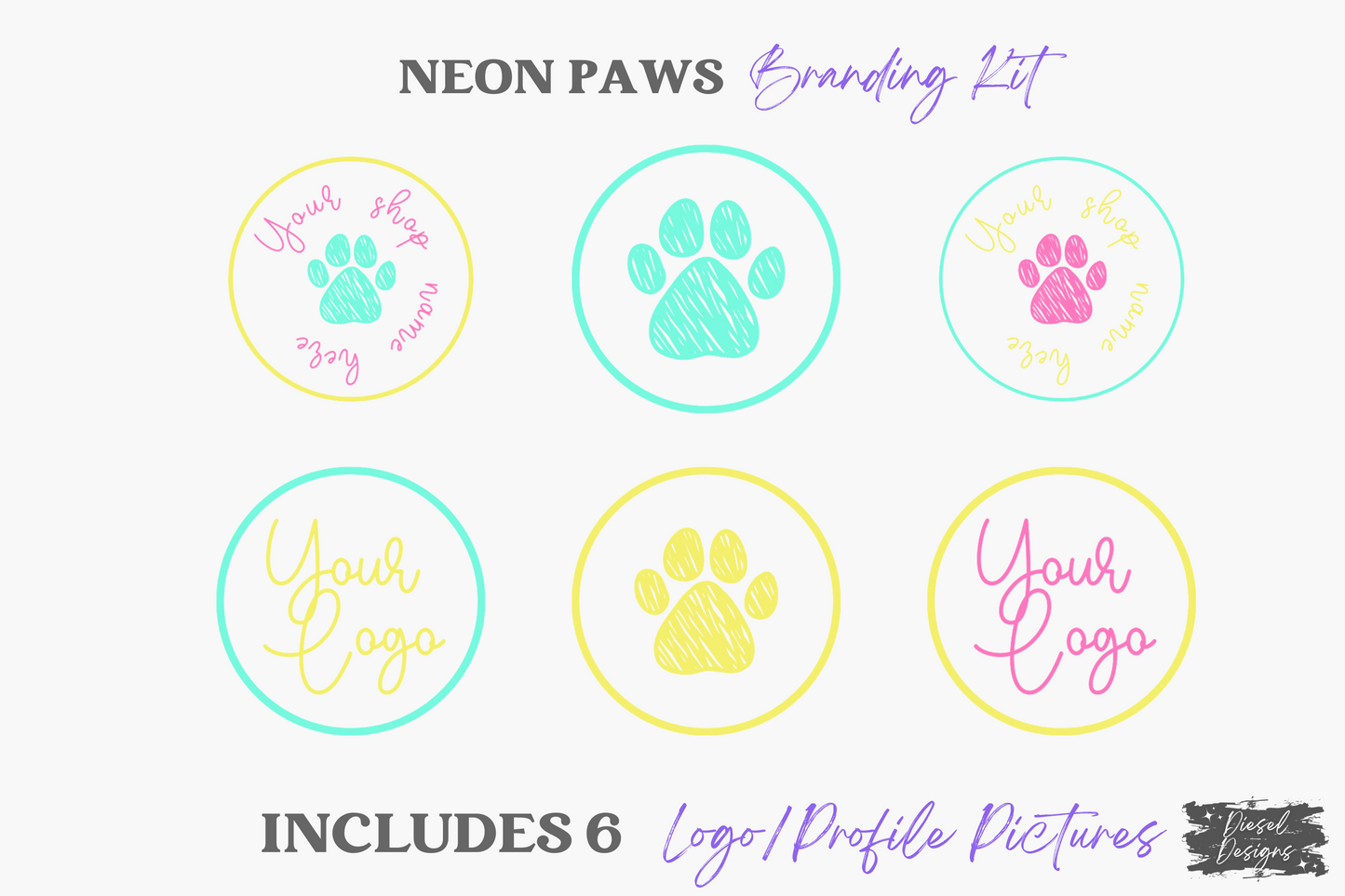 Neon Paws Branding Kit | Website Kit | Business Card | Logo | Facebook Cover | Editable in Canva