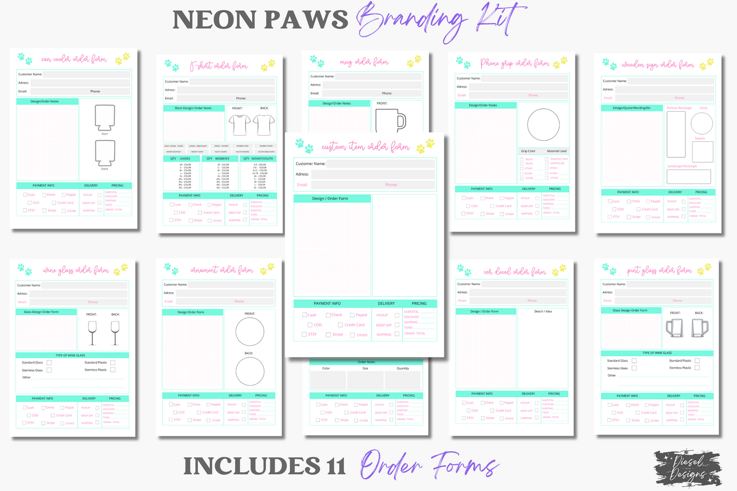 Neon Paws Branding Kit | Website Kit | Business Card | Logo | Facebook Cover | Editable in Canva