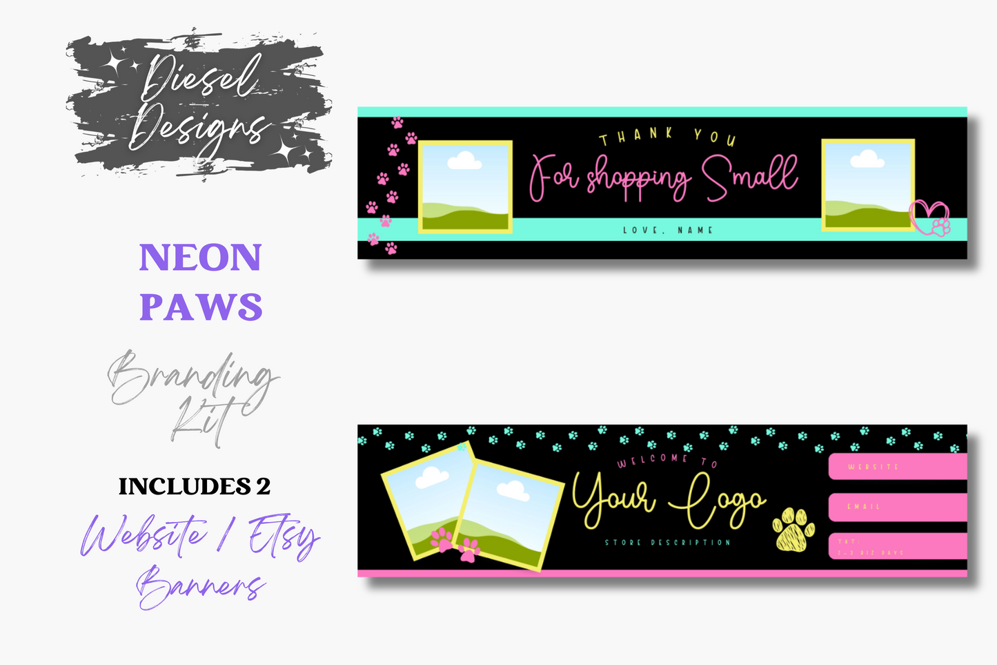 Neon Paws Branding Kit | Website Kit | Business Card | Logo | Facebook Cover | Editable in Canva