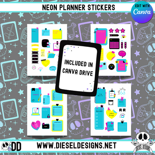 Neon Planner Stickers | Canva Template | Planner Stickers | Printable | Editable In Canva