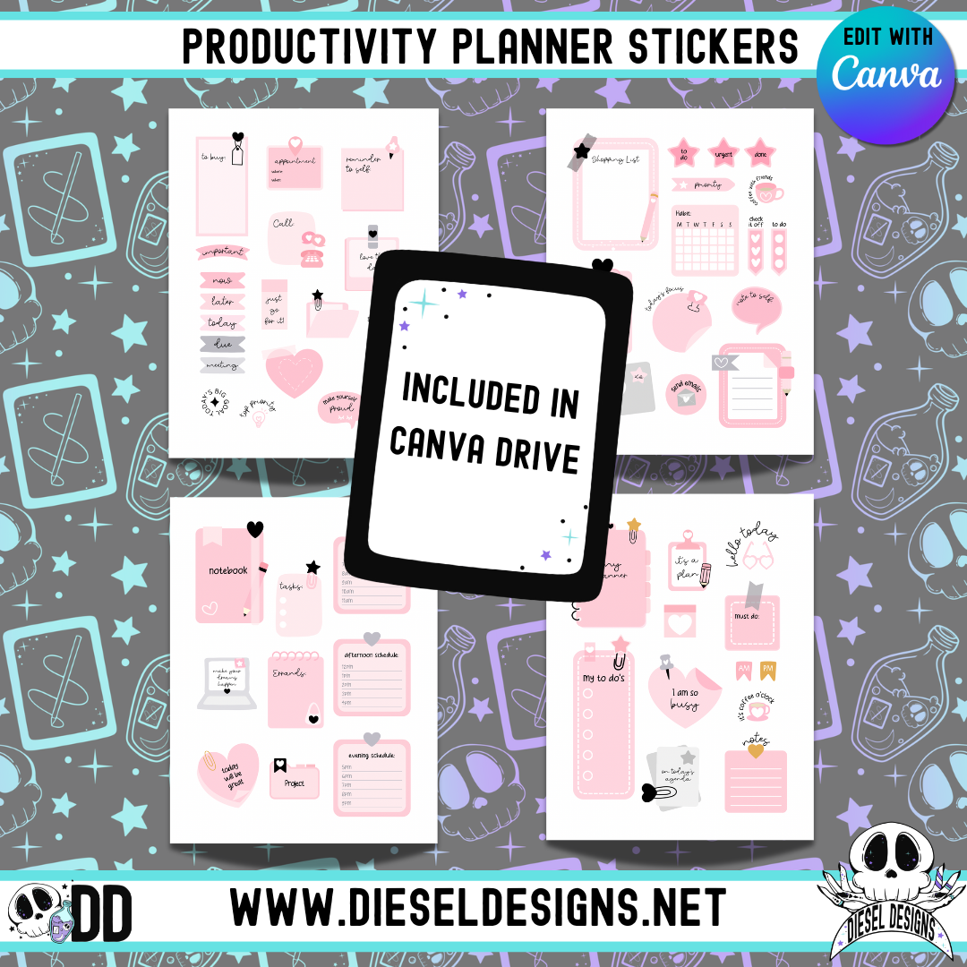 Productivity Planner Stickers | Canva Template | Planner Stickers | Printable | Editable In Canva